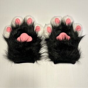 Therian Furry Cat Paw Gloves with Claws Cosplay Black White Pink Soft Faux Plush